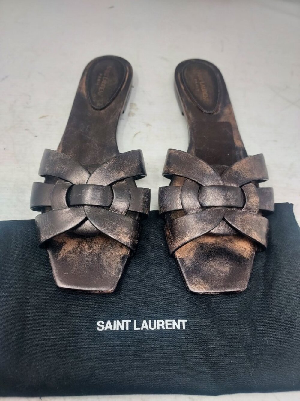 YSL Saint Laurent Nu Pieds Brushed Brown Tribute Slide Sandal